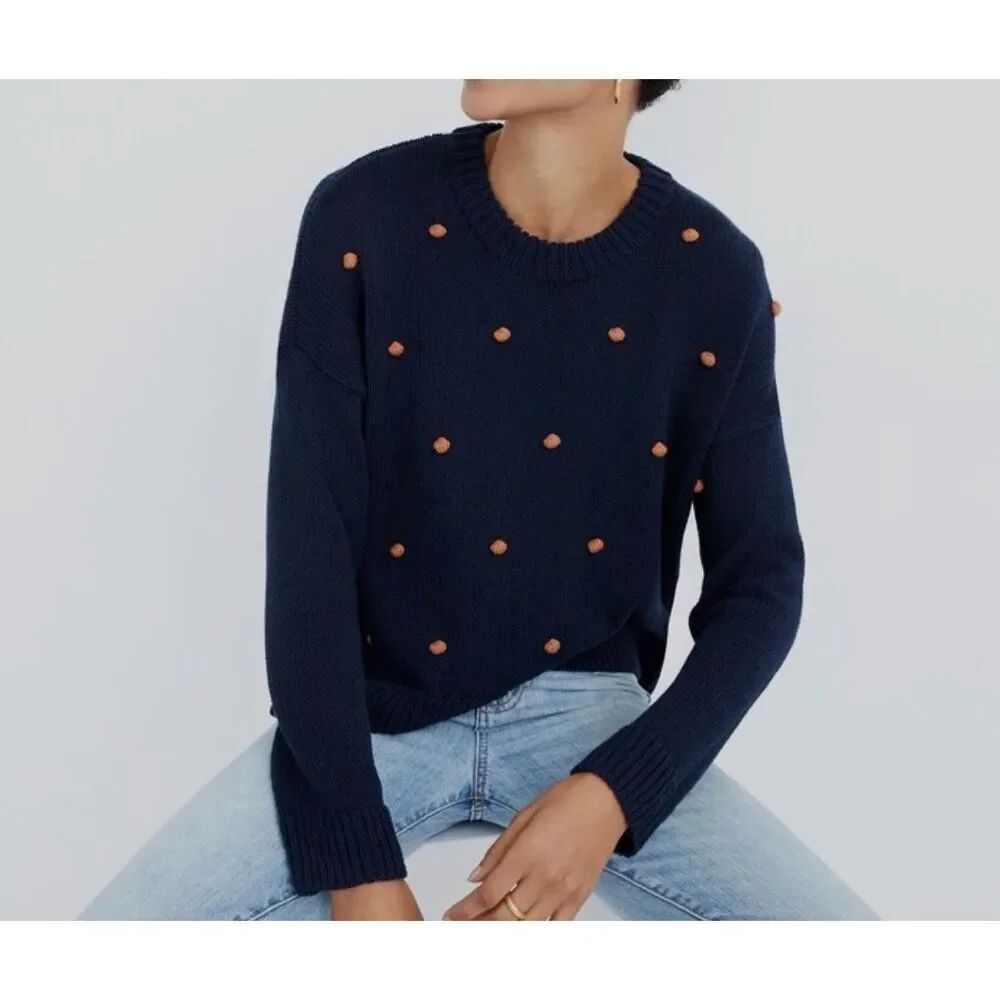 Madewell Pom Pom Sweater | Navy and Orange in Small